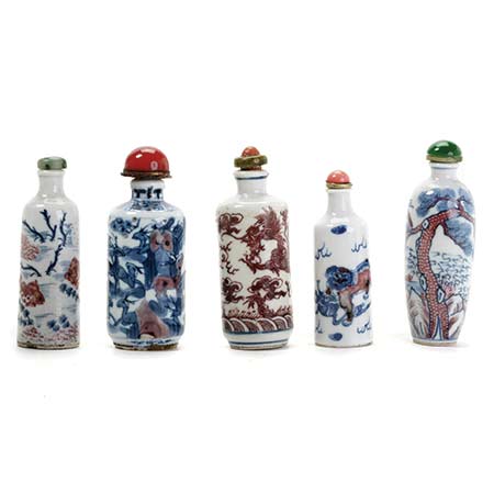 Five Underglaze Blue Snuff Bottles, 19th Century