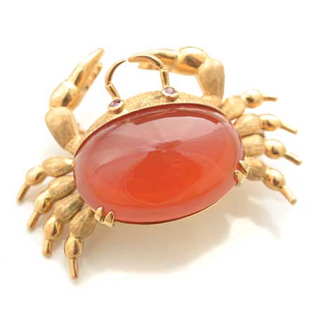 Carnelian, Ruby, 18k Yellow Gold Crab Brooch