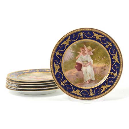 Set of Six Royal Vienna Style Porcelain and Gilt Decorated Cabinet Plates, Circa 1900