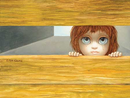 MARGARET KEANE (American b. 1927) "Looking through the fence, Crying girl with Blue Eyes" Oil on canvas,