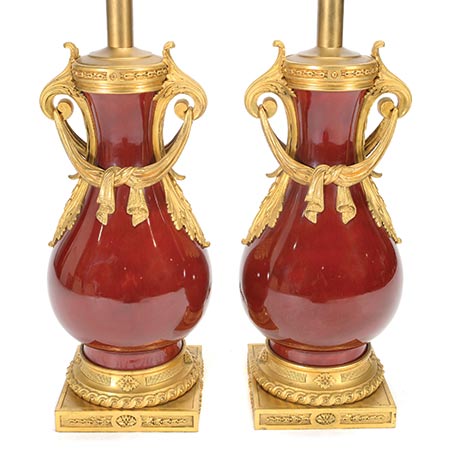 Pair of Louis XVI Style Gilt Bronze Mounted Chinese Oxblood Porcelain Vases, Now Mounted As Lamps