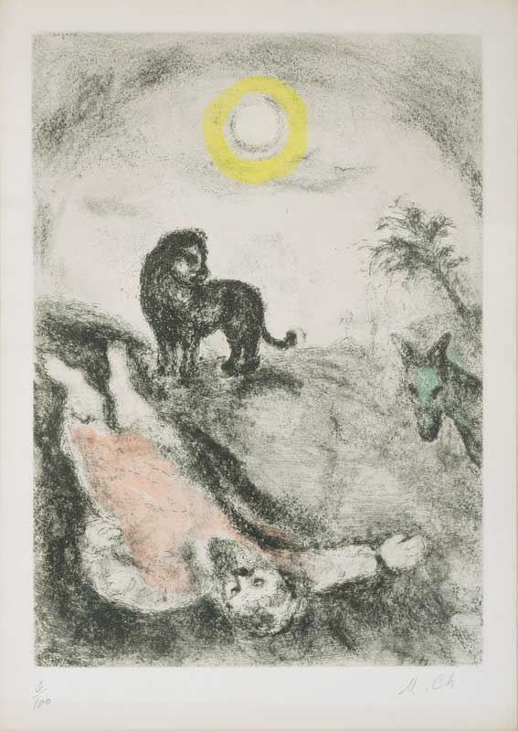 MARC CHAGALL (Russian Federation / French 1887-1985) “Prophet Killed by a Lion” Etching with hand coloring