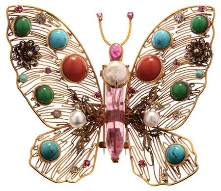 A Gold and Gilt-Silver Butterfly Brooch with Gemstone Insets