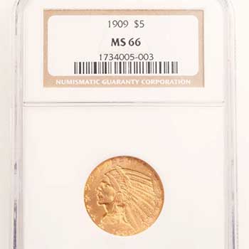 US 1909 Indian Head $5.00 NGC MS66 Gold Coin