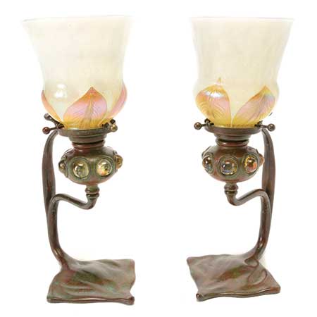 Pair of Tiffany Studios Cobra Candlesticks