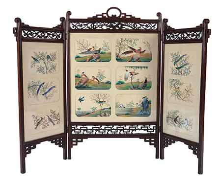 A Wood Folding Screen with Chinese Export Gouache Paintings