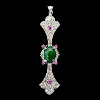 Jade, Diamond, Sapphire, 14k White Gold Pendant