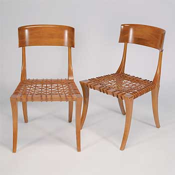 Pair of T.H. Robsjohn-Gibbings for Saridis of Athens Walnut and Leather Klismos Chairs