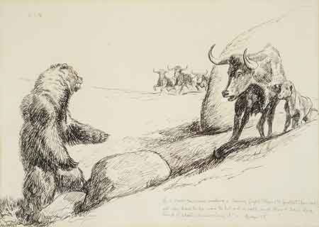 WILL RODERICK JAMES (American 1892-1942) "If a lone cow was making a losing fight....." Ink on paper with Chinese white