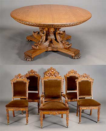 Renaissance Revival Oak Dining Suite with Six Chairs