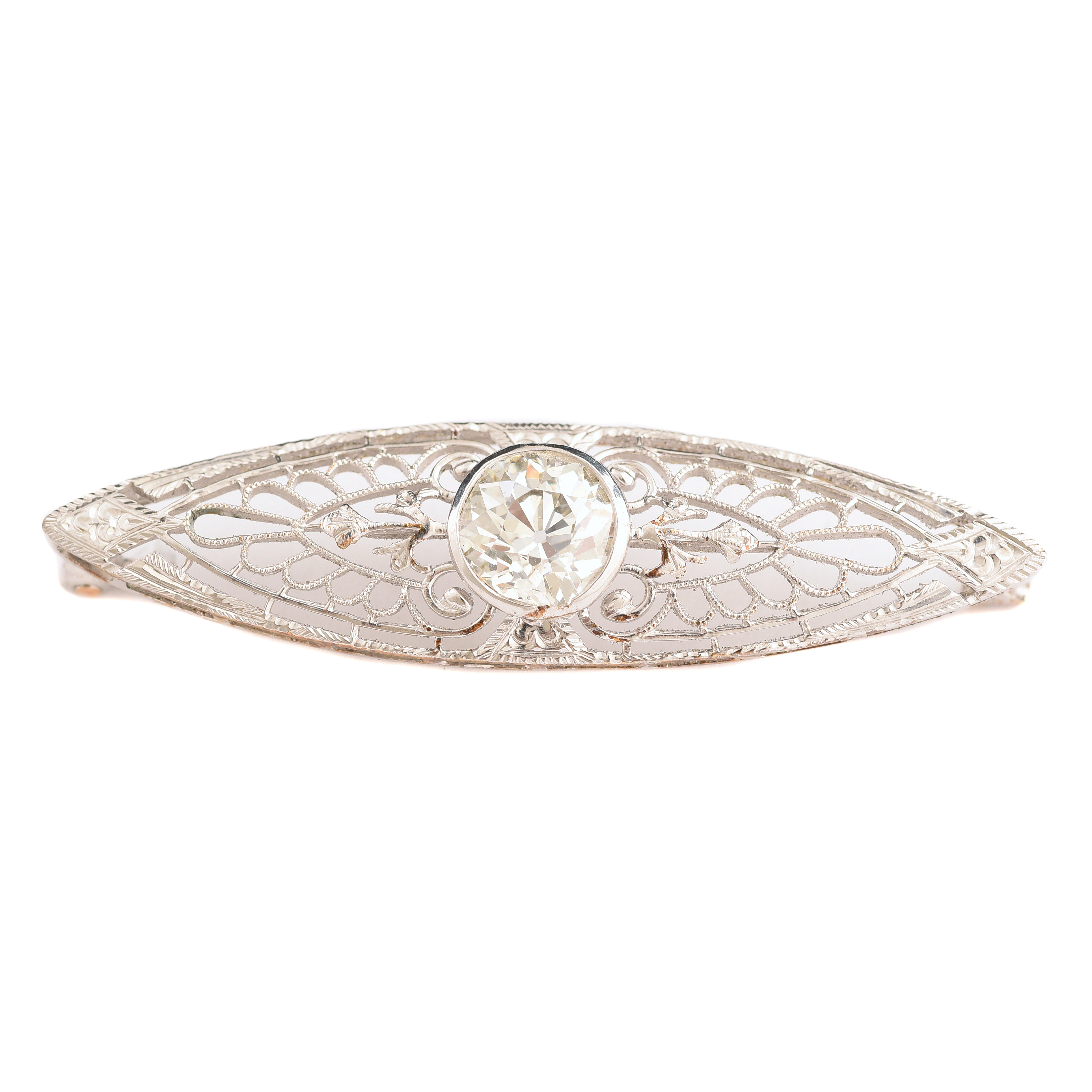 Diamond, 14k White Gold Filigree Brooch.